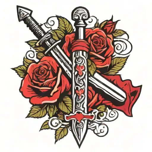 An Upright Dagger Or Dagger Surrounded By A Rose And A Red Scarf