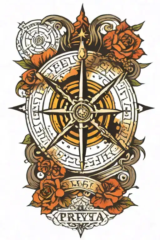 A Traditional Style Tattoo Of A Compass Rose Text 'Preeya'