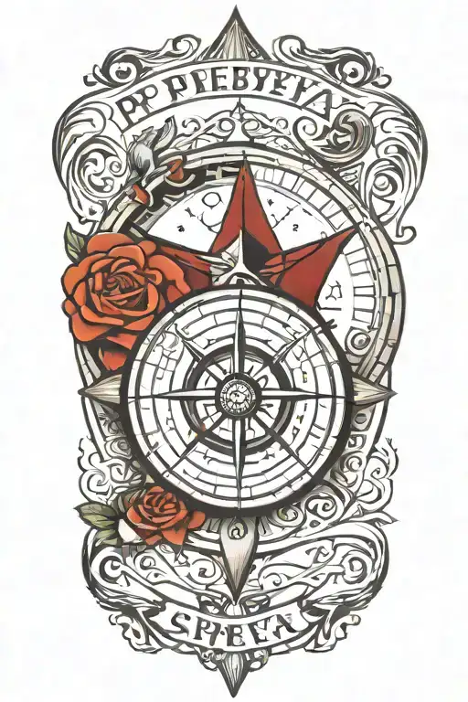 A Traditional Style Tattoo Of A Compass Rose Text 'Preeya'
