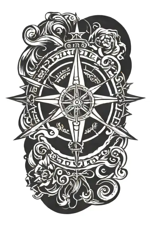 A Traditional Style Tattoo Of A Compass Rose Text 'Preeya'