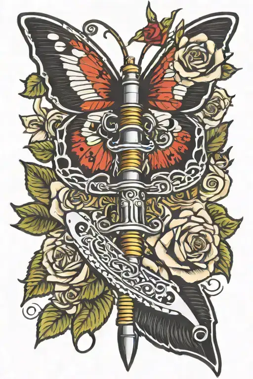 Butterfly Knife With A Mouth And Rose