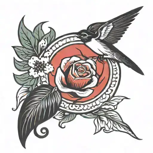 Red Circle And Swallow With Traditional Flower