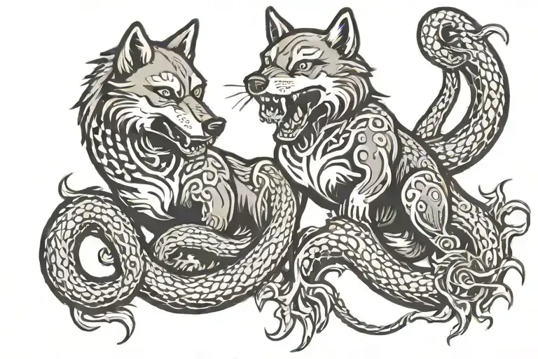 Wolf Fighting Snake Wrapped