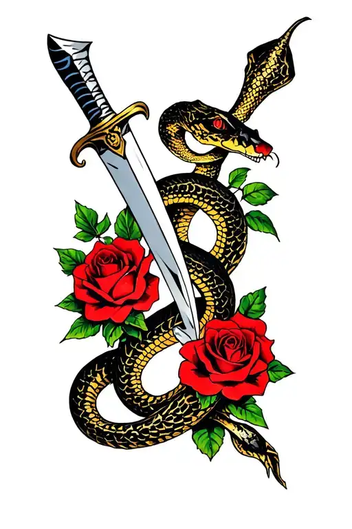 Snake With Dagger Through It With A Few Roses