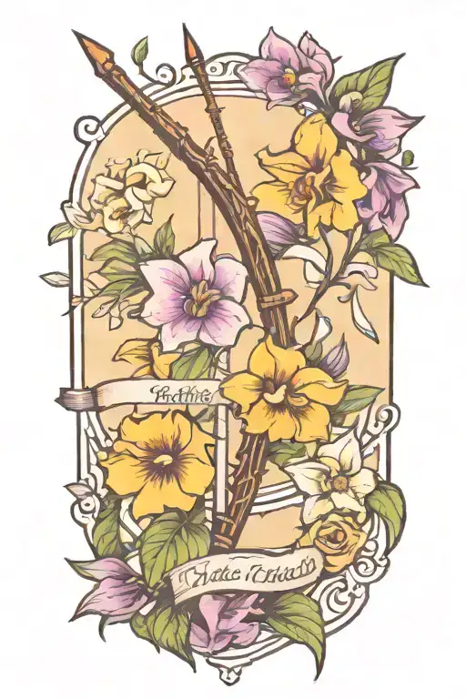 A Bow And Arrow Design With Kaiden's Name In The Middle Surrounded By Violets And Daffodils
