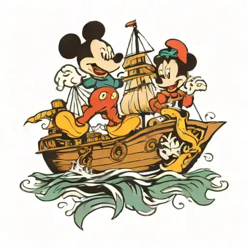 Mickey Mouse With A Ship With Little Mermaid And Sebastian