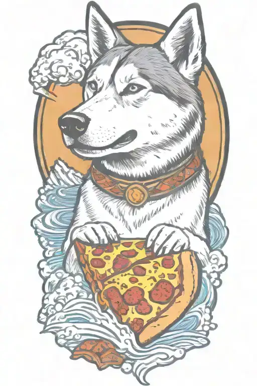 Husky Riding A Slice Of Pepperoni Pizza Down A River Rapid In A Canyon In The Southwest