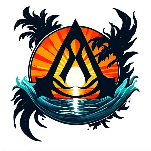 Flaming Alpha Assassins Creed Symbol With A Sunrise Over Ocean Inside