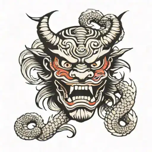 Japanese Warrior Mask With A Dragon Emerging From It