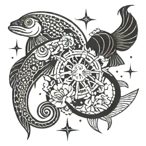 An Abstract Design Incorporating The Symbols Of Cancer And Pisces In A Celestial Setting