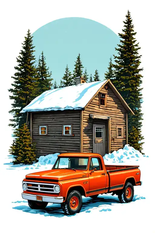 Orange Ice Fishing Hut With A Cherry Red Dodge Pickup Truck Parked Outside