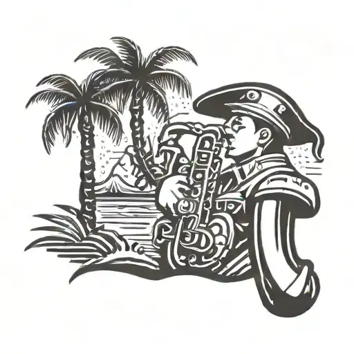 A Traditional Style Tattoo Of A Soldier Playing A Saxophone Under A Palm Tree