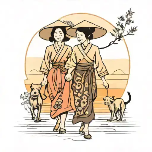 Mother And Daughter Walking In A Sunset In Traditional Vietnamese Clothing