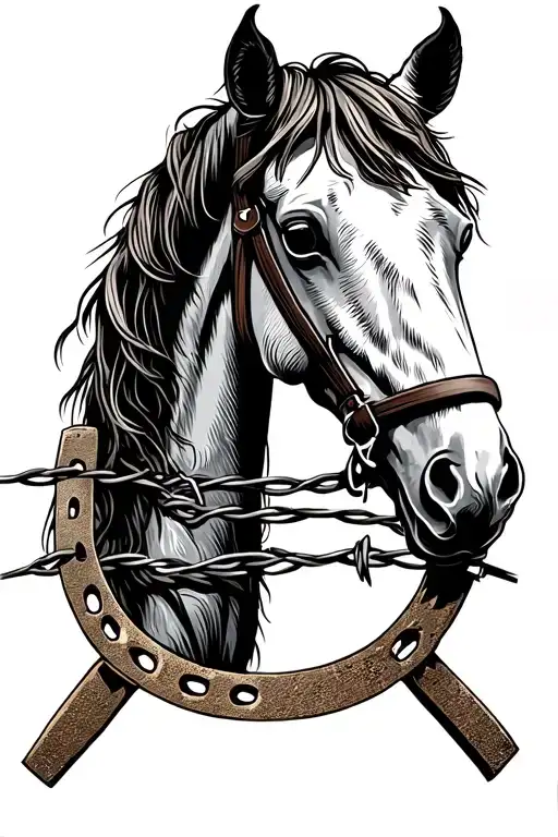 Horses Inside Barbed Wire Horse Shoe Outline