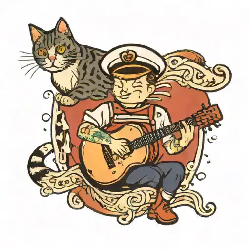 A Traditional Tattoo Of A Sailor Holding A Guitar With A Cat Perched On His Shoulder