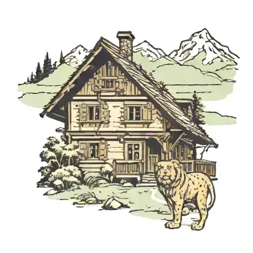 A Traditional Swiss Chalet Nestled In A Jungle Clearing With A Lion Standing Guard