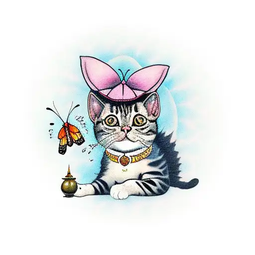 A Cat In Monk Attire Meditating But Getting Distracted By A Flying Butterfly