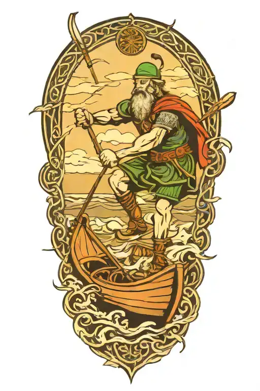 A Celtic Warrior Rowing A Boat On A Turbulent Sea