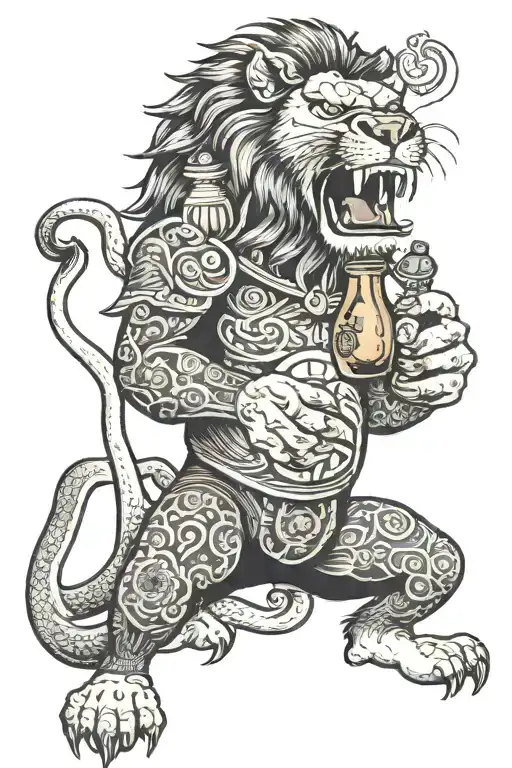 Japanese Style Lion With A Bourbon Bottle And Cigar In Its Mouth