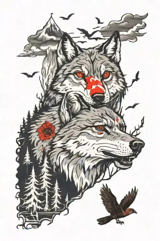 Wolf With Red Eyes With Birds Eye View Of A Haunted Forest For Background