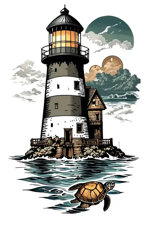 Lighthouse And Turtle Swimming