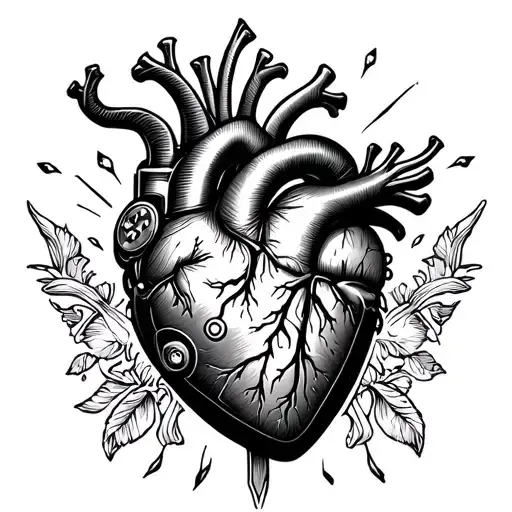 Mechanical Heart With Neon Buttons And Metallic Plates Black And White Tattoo Drawing Style White