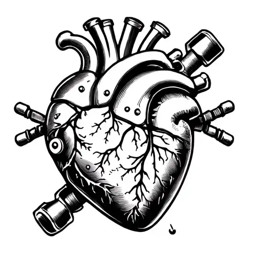 Mechanical Heart With Neon Buttons And Metallic Plates Black And White Tattoo Drawing Style White