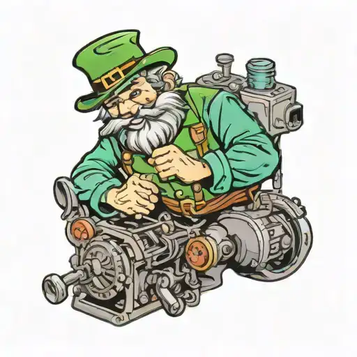 Create A Tattoo Of A Leprechaun Mechanic Working On A Car Engine With Irish Flag Colors