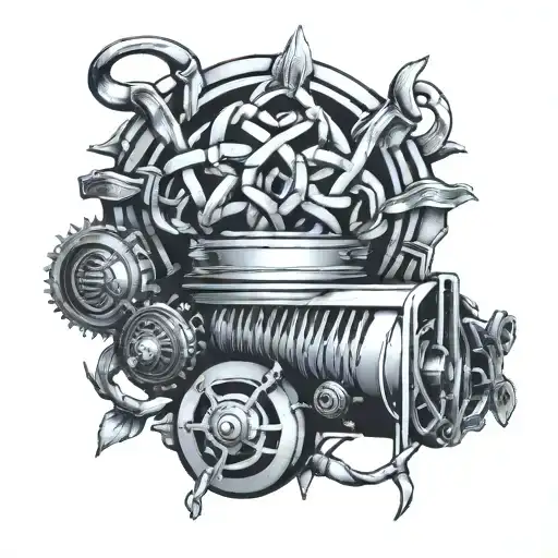 Create A Tattoo Of A Celtic Knotwork Pattern Intertwined With A Car Engine