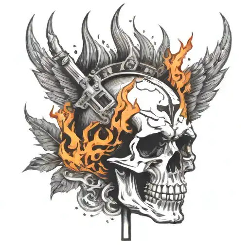 Heavy Metal Skull On Fire With An Inverted Cross