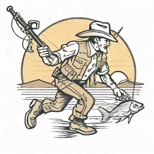 A Traditional Tattoo Of A Deputy Holding A Fishing Rod With A Sunset In The Background