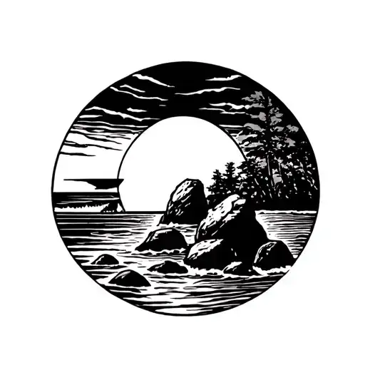 Rising Sun Over The Beach With Rocks Large Rocks Protruding From The Water