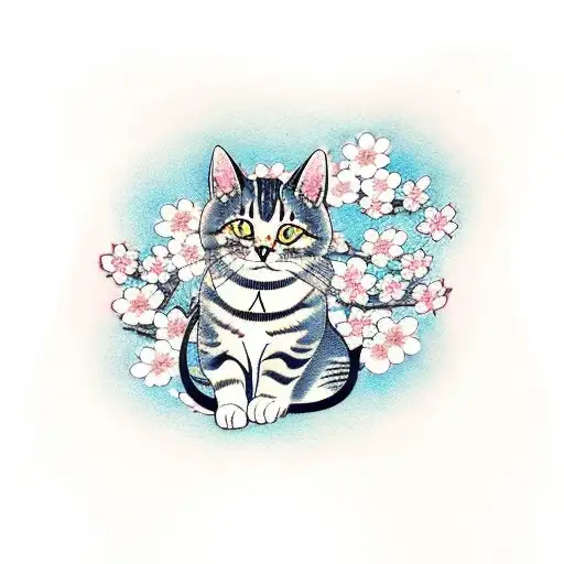 A Traditional Japanese-style Tattoo Of A Cat With Sakura Flowers Forming A Beautiful Background