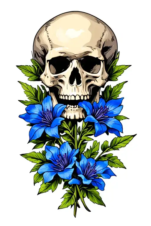 Four Colorado Blue Columbine Flowers And Skull