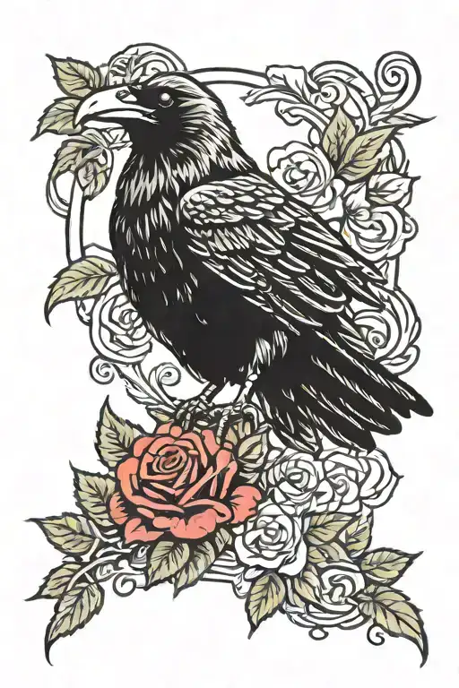 Raven Perched With Roses Red