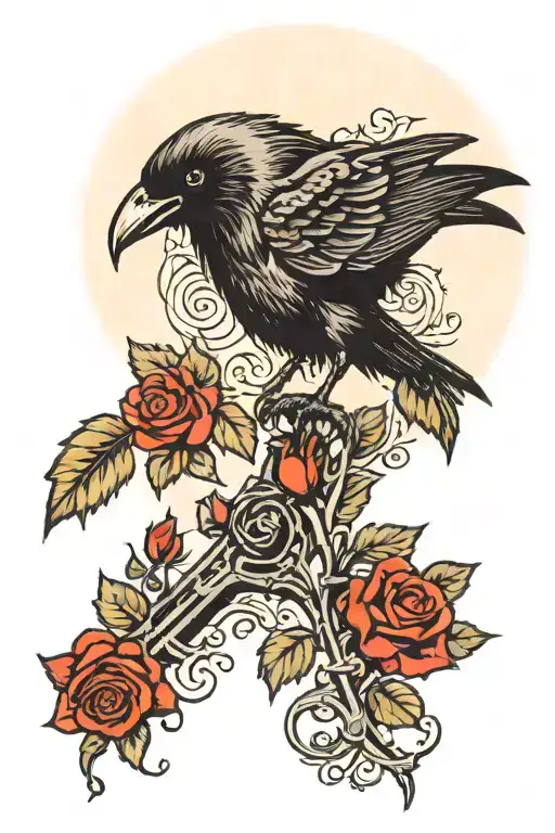 Raven Perched With Rose Single Red