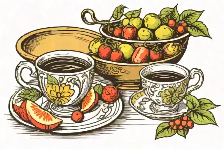 A Cup Of Coffee Next To A Bowl Of Fruit