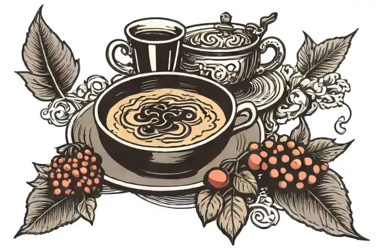 One Cup Of Coffee Next To A Bowl Of Fruit