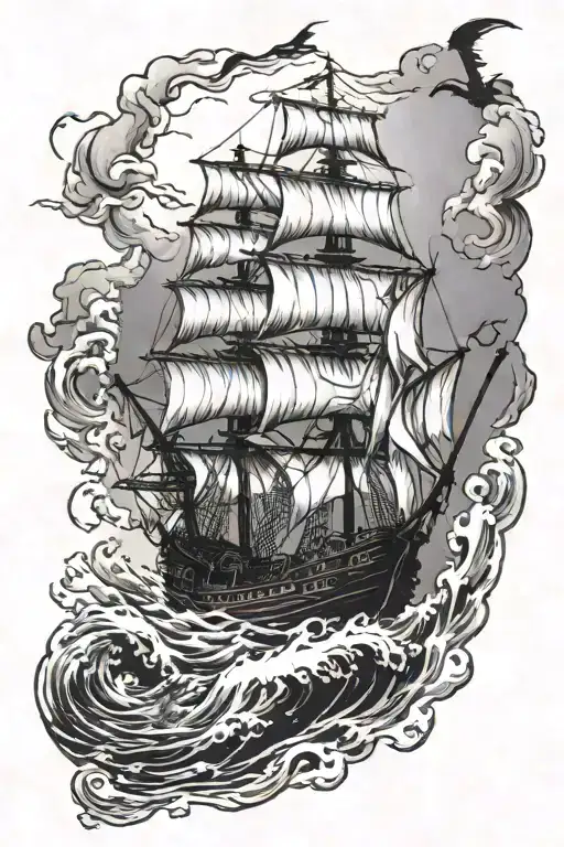 Ghost Pirate Ship In Storm With A Sea Monster Emerging