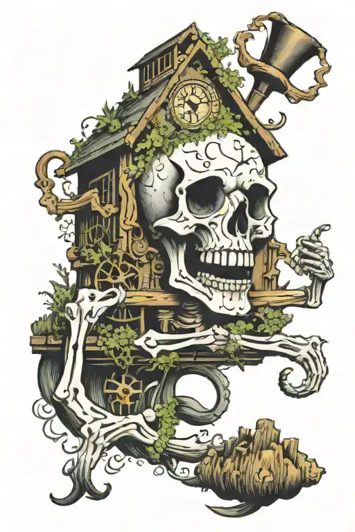 Skeleton Cucoo Clock Sitting On The Bottom Of The Ocean Covered In Moss