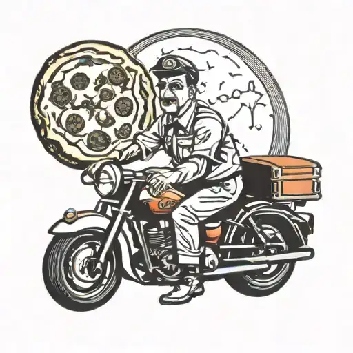 A Traditional Tattoo Of A Pizza Hut Delivery Driver With A Moon Backdrop