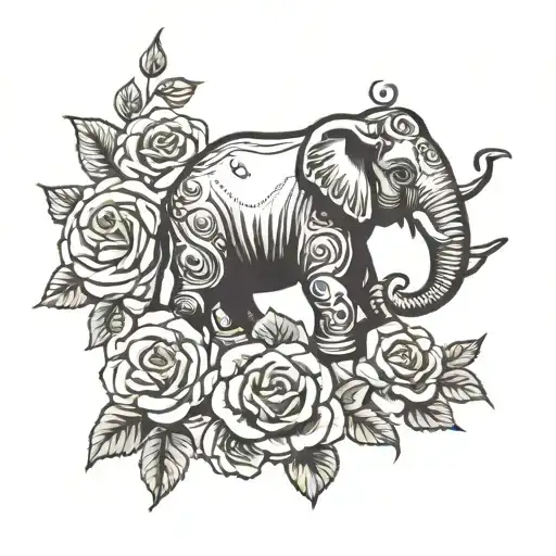 A Traditional Tattoo Design Of An Elephant Surrounded By Roses And Dirt Bikes