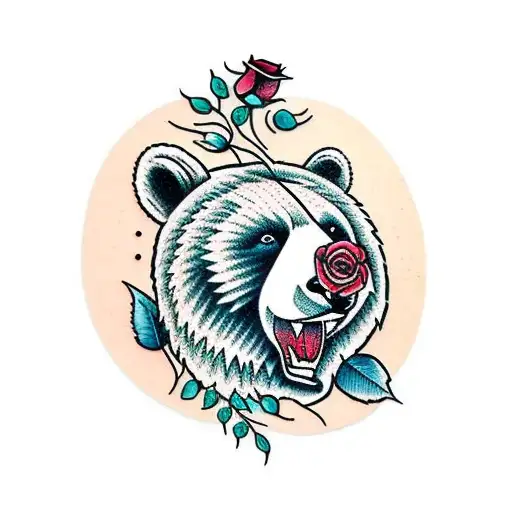 Face Of A Bear With Roses For A Knee