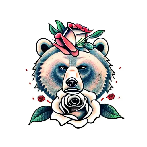 Face Of A Bear With Roses For A Knee