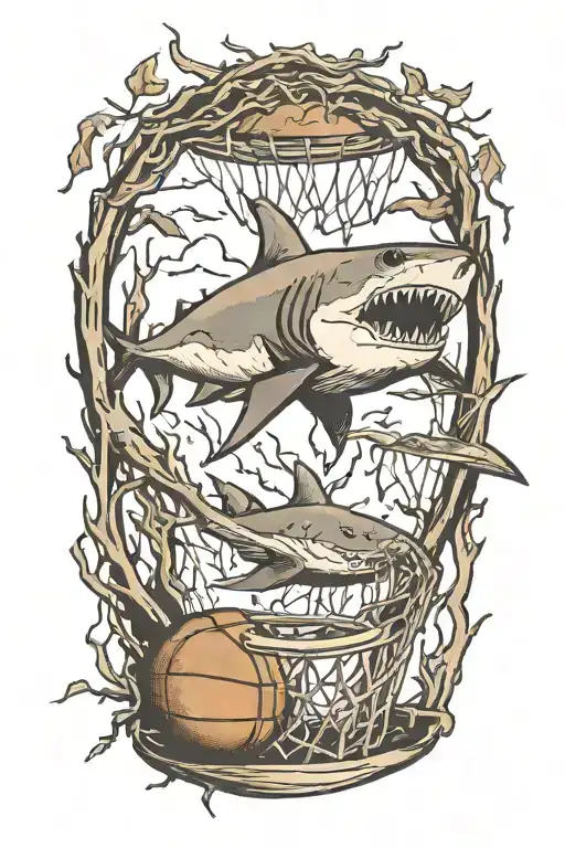A Basketball Hoop Made Of Branches With A Shark Jumping Through It