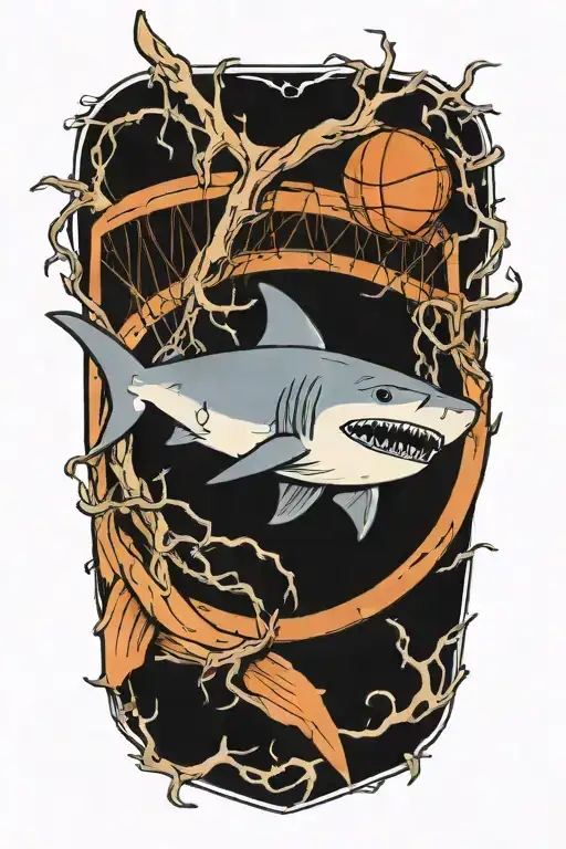 A Basketball Hoop Made Of Branches With A Shark Jumping Through It