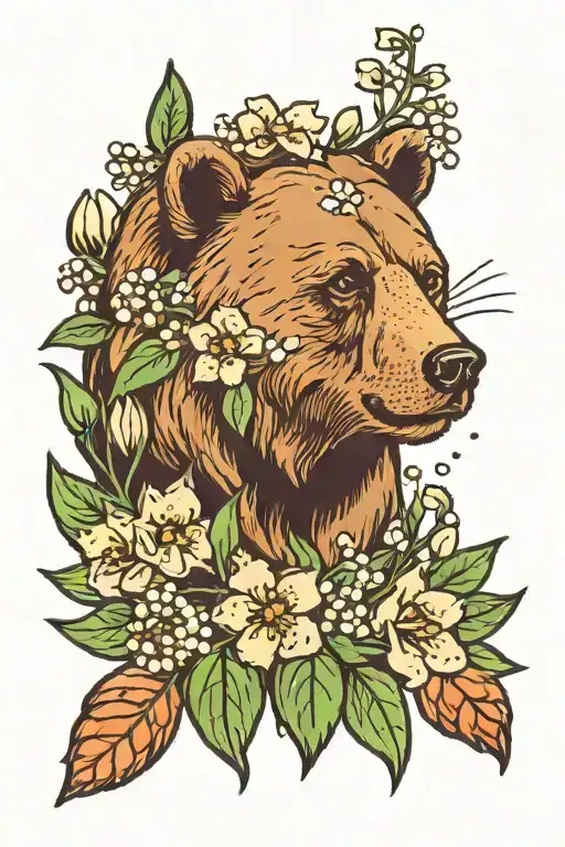 Bear Face With Lily Of The Valley And Hawthorn Flowers