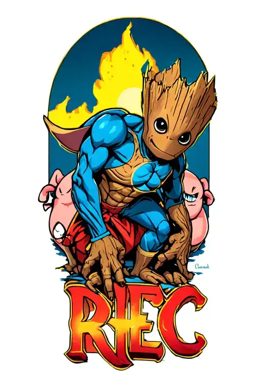 Groot Leaning Over The Letters Rhec With Stitch And Majin Buu In The Background