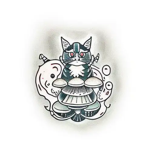 Mushrooms And Black Cat