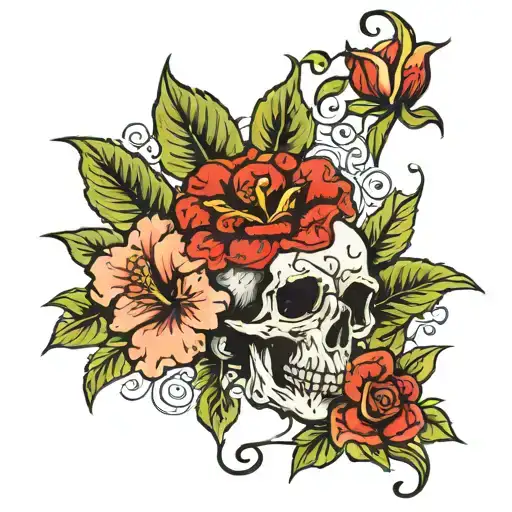Skull And Roses Mayflowers Hibiscus